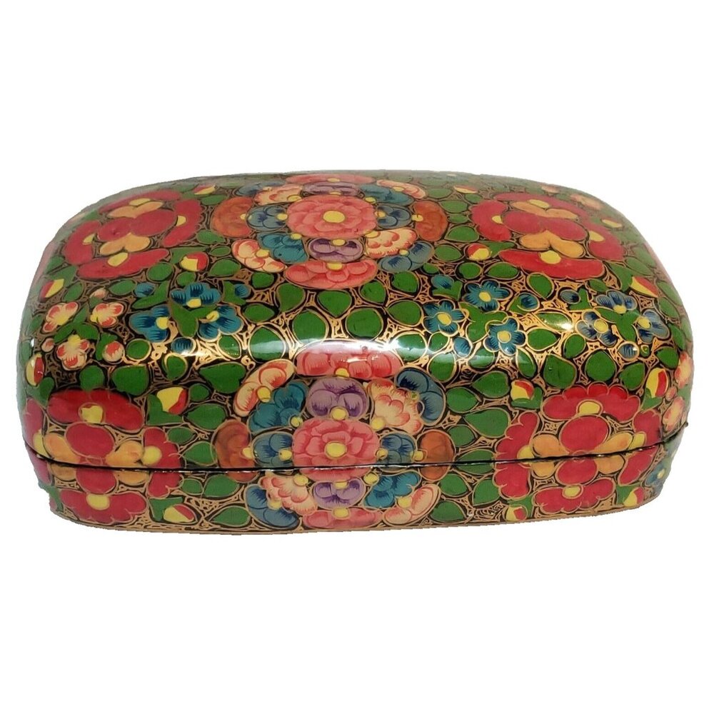 Paper Mache Lacquer Box Hand Painted Floral Lid China Jewelry Trinket Vintage